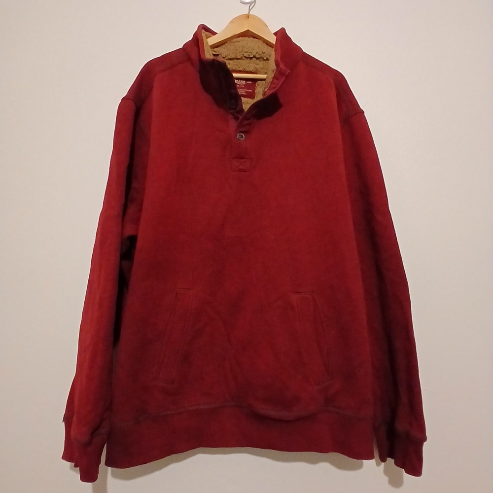 GH Bass Mens 2XLT Burgundy Red Sherpa Lined Quarter Button Pullover Sweatshirt